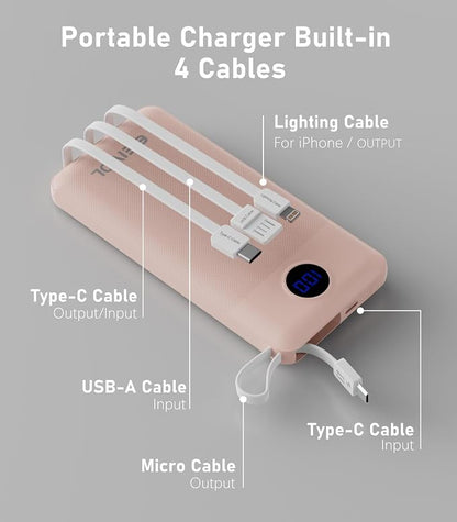 Portable Charger with Built in Cables, Slim 10000mAh Power Bank, USB C Battery Pack Travel, 4 Output 2 Input External Charging Bank for iPhone 17/16/15/14/13,Samsung, Android, etc-Pink(1 Pack)