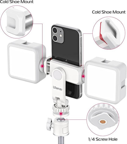 ULANZI Phone Tripod Mount ST-06S White, Universal Smartphone Mount Adapter with 2 Cold Shoe, 360° Rotates and Adjustable Cell Phone Clip Clamp Holder, Compatible with iPhone, Samsung Galaxy and More