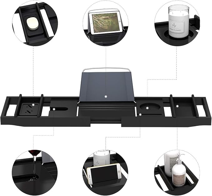 Domax Bathtub Caddy Tray Expandable Bamboo Tub Tray for Luxury Bath with Book Holder and Free Soap Dish Black