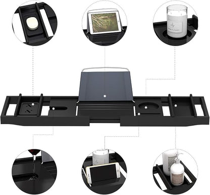 Domax Bathtub Caddy Tray Expandable Bamboo Tub Tray for Luxury Bath with Book Holder and Free Soap Dish Black