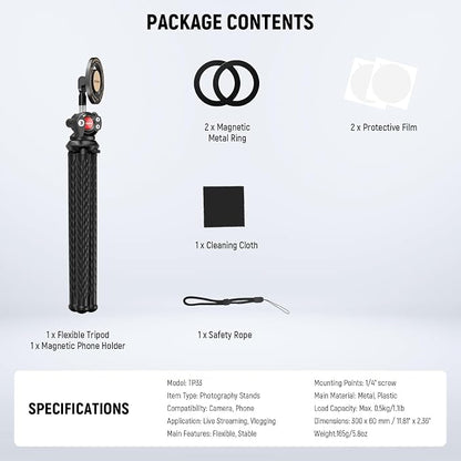 NEEWER Magnetic Flexible Phone Tripod Compatible with Magsafe iPhone 15 Pro Max 14 Series Android, Mini Vlog Cellphone Tripod Stand with Ball Head for Stroller Bike Motorcycle Tube Round Objects, TP33