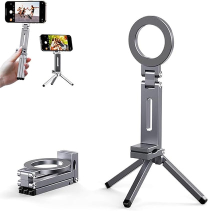 Magnetic Tripod for iPhone 16/15/14/13/12 Plus Pro Max Series,Aluminium Mini Magnetic Phone Tripod for iPhone & MagSafes,360° Adjustable Magic Clip Folding Magnetic Phone Stand,1/4" Screw