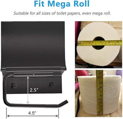 Matte Black Toilet Paper Holder Wall Mounted with Phone Shelf, Universal Modern Toilet Tissue Holder fit Mega Roll Toilet Paper, Cat Proof Toilet Paper Holder Bathroom Metal Aluminum Covered TP Holder