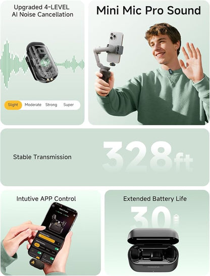 MAONO Wave T1 Mini Wireless Lavalier Microphone for iPhone Android Phone PC, AI Noise Cancellation, 328ft Range, Voice Filter, 30H Battery, Clip Lapel Mic for Video Record Vlogging Content Creator