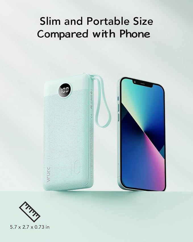 VRURC Power Bank with Built-in Cables,USB C Portable Charger for iPhone | 10000mAh Slim Charging Bank with Lanyard, Perfect for Travel, Work, School and Daily Carry-Green