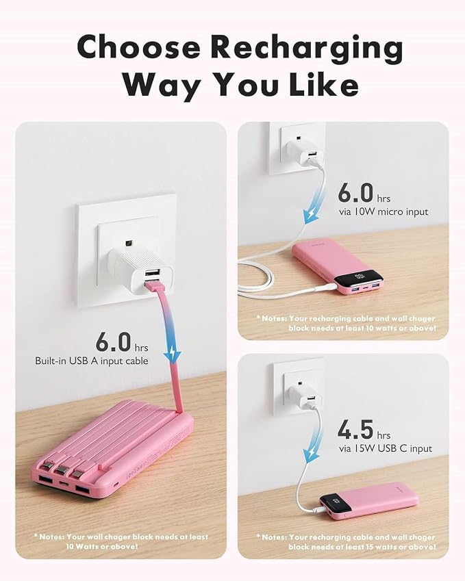 charmast 10000mAh Portable Charger,Built-in 4 Cables,6 Outputs/3 Inputs,3A Fast Charging,Compatible with iPhone,iPad,Samsung,Pixel,LG