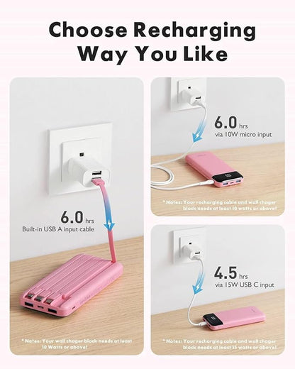 charmast 10000mAh Portable Charger,Built-in 4 Cables,6 Outputs/3 Inputs,3A Fast Charging,Compatible with iPhone,iPad,Samsung,Pixel,LG