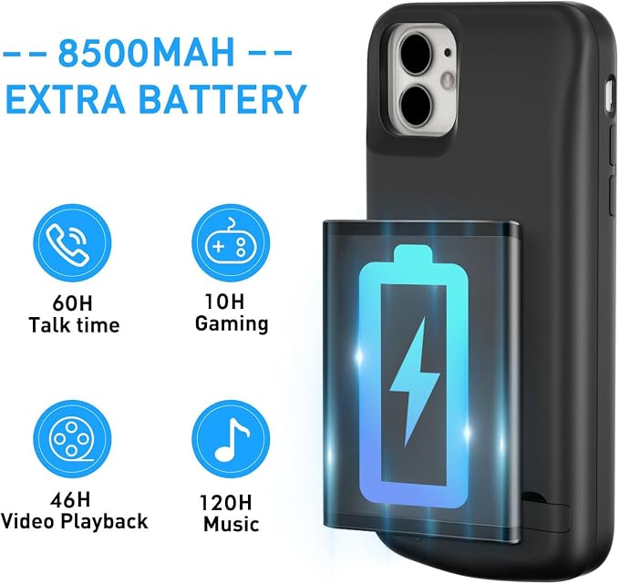 Battery Case for iPhone 11, Real 8500mAh Ultra-Slim Charging Case with Kickstand for Apple 11, Rechargeable Extended Backup Battery Charger Cover for 11-6.1 inch Black