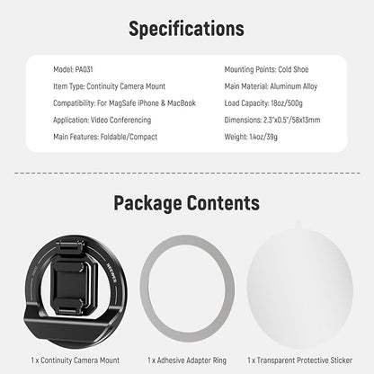 NEEWER Foldable Continuity Camera Mount with Cold Shoe for MagSafe iPhone 15 Pro Max 14 13 12 MacBook Air 13" M1, MacBook Air 2018-2020, MacBook Pro 13" M1/M2, MacBook Pro 13" 2017-2020, PA031