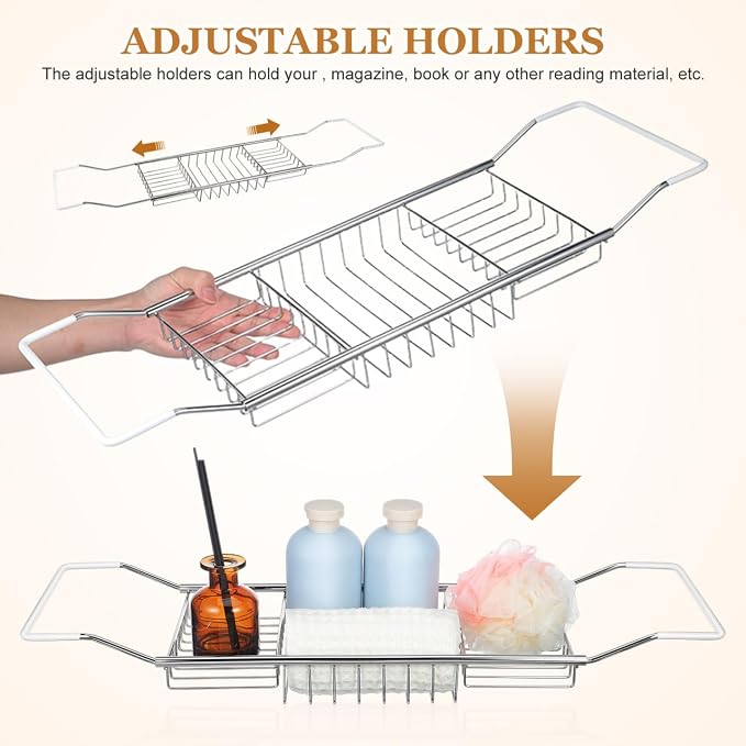 Cabilock Bathtub Tray - Stainless Steel Bathtub Caddy, Expandable Extra Wide Bath Tub Organizer, Rust-Resistant Over The Tub Shelf Rack with Non-Slip Grips for Phone Book Wine Glass, Silver