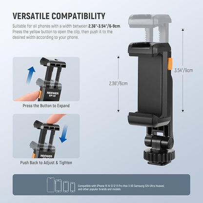 Neewer Basic Phone Tripod Mount Holder with 1/4" Thread & Cold Shoe, 2.36"-3.54"/6-9cm 360° Rotatable Camera Mount Cellphone Clamp for iPhone 15 14 13 12 11 Pro Max X XR Samsung S24 Ultra, SP-10