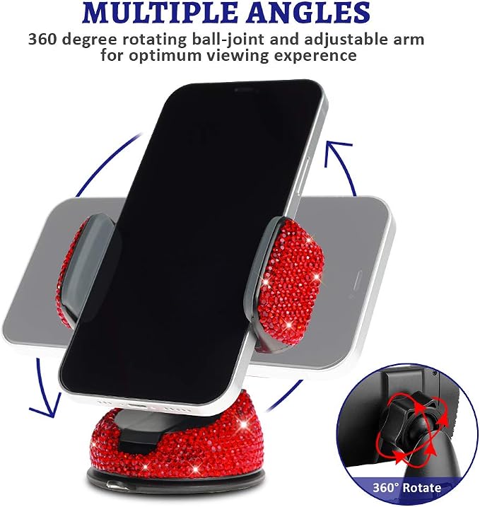 eing Car Phone Mount Bling Crystal Cell Phone Holder with One More Air Vent Base,Universal Universal Phone Car Air Vent Mount Holder Cradle for Dashboard,Windshield and Air Vent,Red