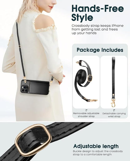 OCASE Compatible with iPhone 16 Pro Crossbody Wallet Case with Card Holder, PU Leather Zipper Handbag Phone Purse with RFID Blocking Kickstand Wrist Strap Lanyard 6.3 Inch, Black