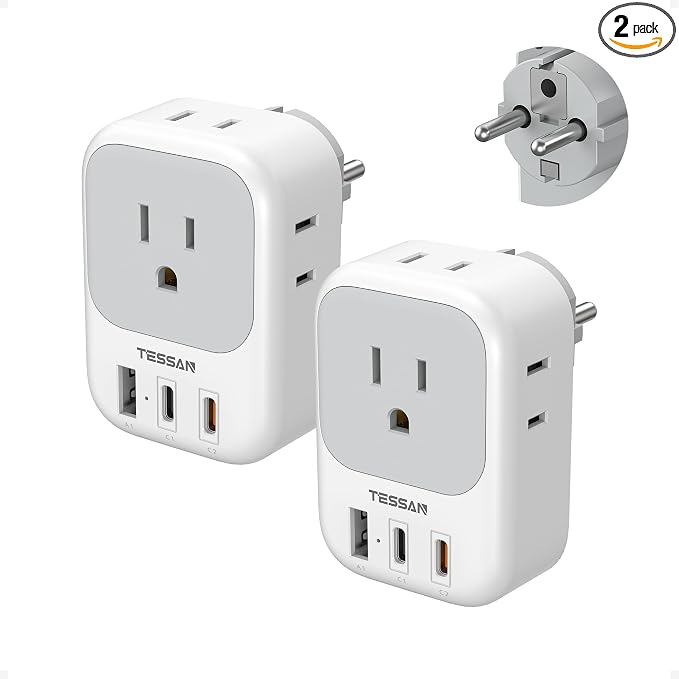 TESSAN Type E F Travel Plug Adapter PD 20W, 7 in 1 Germany France Power Adaptor with 4 Outlets 3 USB (2 USB-C), South Korea Outlet Adapters for US to Europe EU Spain Iceland Greece Portugal, 2 Pack