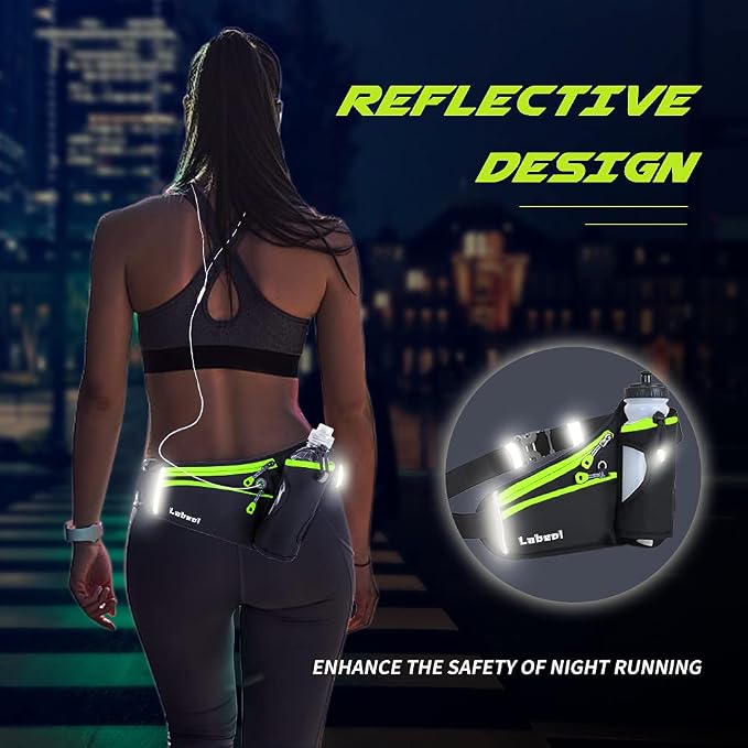 Running Belt, Waterproof Hydration Belt with Water Bottle Holder Hiking Walking Waist Pack Reflective Adjustable Fanny Pack Compatible for Phone Waistband Outdoor