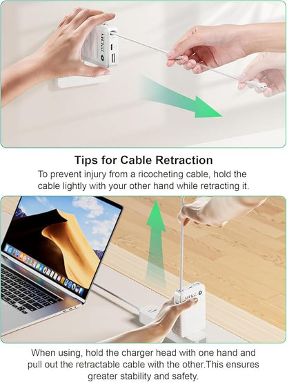 2026 ETODBUWS 3 in 1 GaN Charger,40W PD Fast Charging Blocks with Retractable Type C Cable and Dual Port Travel Charger,USB Chargers with Foldable Plug for iPhone 17/16/15,Galaxy,Pixel-White