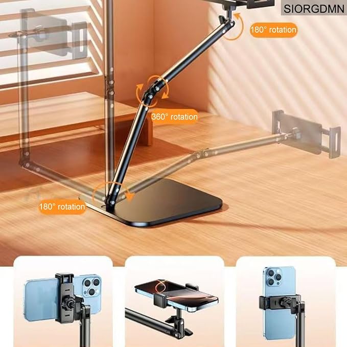 Overhead phone stand for Video Recording on desk,Adjustable Smartphones holder,Articulating Arm Stand with Base, Flexible Cell Phone mount for Live Streaming, filming,Painting Lighting ooking (Black)