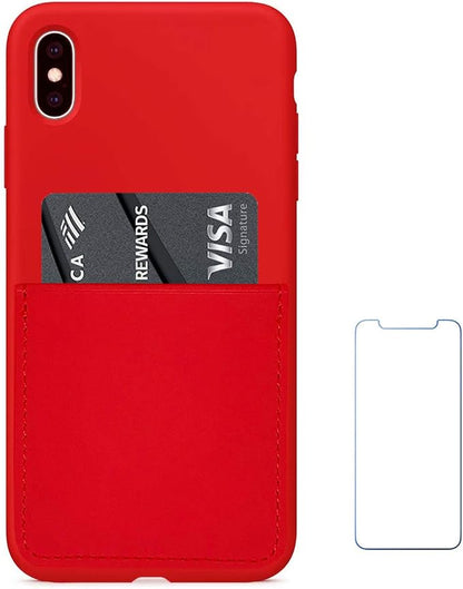 Ultra Slim Liquid Silicone Case Compatible for iPhone Xs/X 10(5.8 inch) with Card Holder Slot Ultra-Slim Thin Soft Wallet Cover Compatible for iPhone XS/X/10 with Screen Protector(Red)