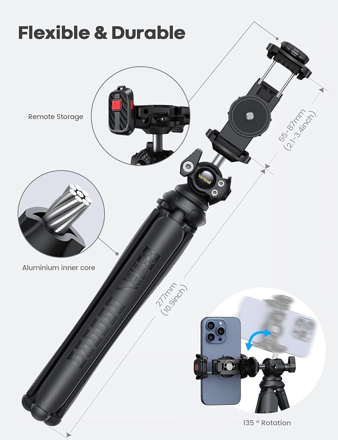 Lamicall Tripod for Camera - 3 in 1 Flexible Tripod for iPhone with Wireless Remote - iPhone Stand for Video Recording Vlogging Compatible with Smartphone, Small Digital Camera Dark Grey