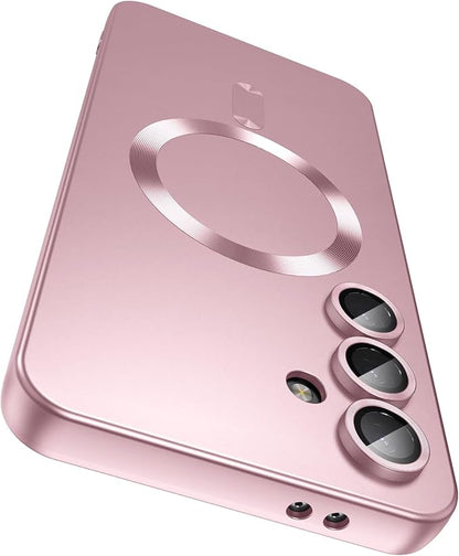 Magnetic for Samsung Galaxy S24 FE Case [Compatible with MagSafe][Built-in Camera Lens Protector] Slim Soft Silicone Bumper Shockproof Metallic Luster Phone Cover (Rose Gold)