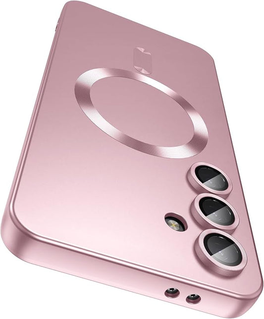 Magnetic for Samsung Galaxy S24 FE Case [Compatible with MagSafe][Built-in Camera Lens Protector] Slim Soft Silicone Bumper Shockproof Metallic Luster Phone Cover (Rose Gold)