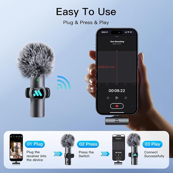 2pcs Dual Receivers Mini Microphone for iPhone iPad Android Video Recording,Lavalier Wireless Microphones for Game,Live Streaming,Interviews,YouTube,TikTok,Vlog