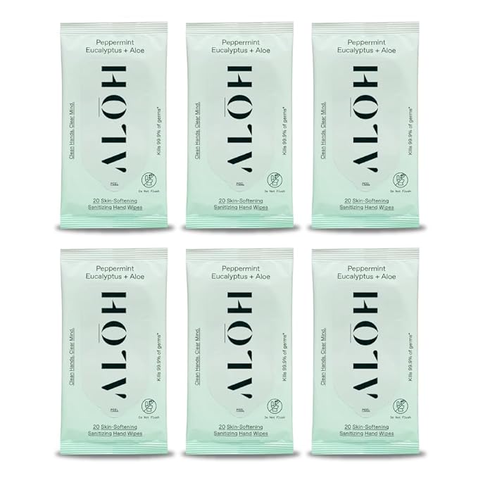 ALŌH Peppermint Eucalyptus Sanitizing Hand Wipes - Clean Hands, Clear Mind On The Go Sanitizer for Kids and Adults - Travel Size 6 packs of 20ct Wipe (120 Wipes)