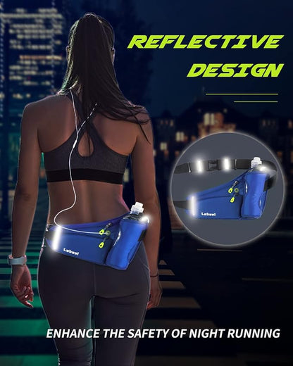 Running Belt, Waterproof Hydration Belt with Water Bottle Holder Hiking Walking Waist Pack Reflective Adjustable Fanny Pack Compatible for Phone Waistband Outdoor