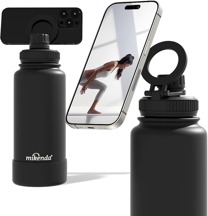 32oz Insulated Tumbler with Magnetic Phone Holder, Gym Water Bottle | Leak Proof Lid, 24hr Cold & 12hr Hot, Non-Slip Base | Travel Mug, Reusable & Eco-Friendly (black, 32, ounces)