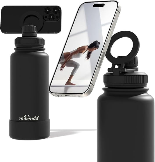 32oz Insulated Tumbler with Magnetic Phone Holder, Gym Water Bottle | Leak Proof Lid, 24hr Cold & 12hr Hot, Non-Slip Base | Travel Mug, Reusable & Eco-Friendly (black, 32, ounces)