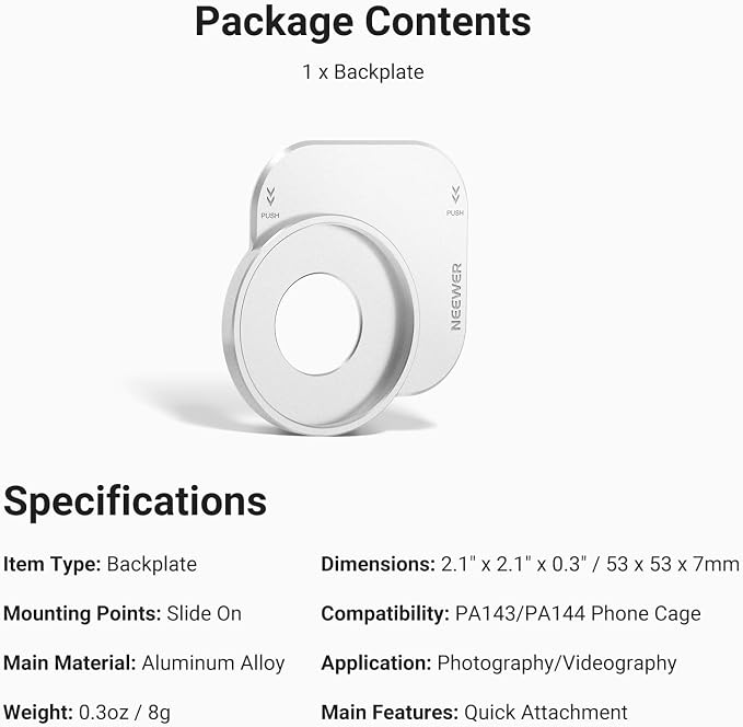 NEEWER 37mm Filter Lens Backplate for PA143/PA144 Phone Cage Only, Quick Release Video Rig Mobile Camera Photography Accessories Compatible with iPhone 17 Pro 17 Pro Max Beastgrip, PA152 (Silver)