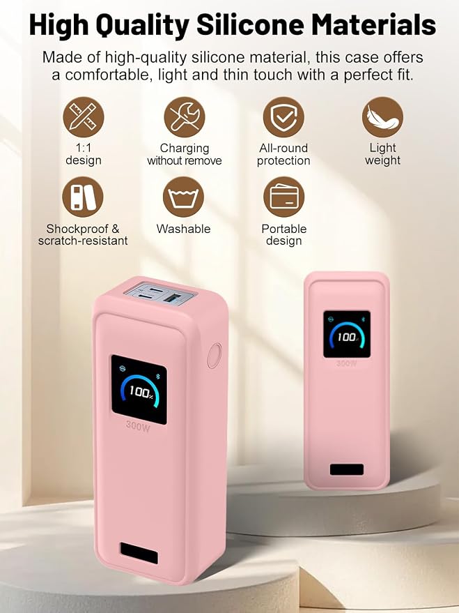 Silicone Protective Case Compatible with Anker Prime Power Bank 26,250mAh 300W, Shockproof Cover with LCD Display Visible, Anti-Lost Strap, Precision Cutouts for 3-Port Charger(Pink)