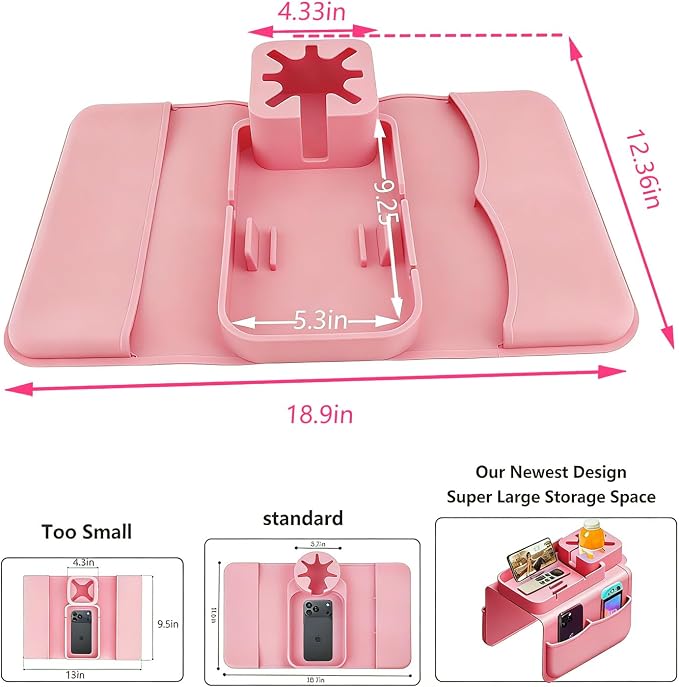 Silicone Couch Cup Holder for Tablet & Phone Stand, Sofa Arm Tray Organizer with Dual Side Pockets for Remotes Snacks Headphones & Glasses Drinks Anti-Slip & Heat Resistant Sofa Caddy (Pink)