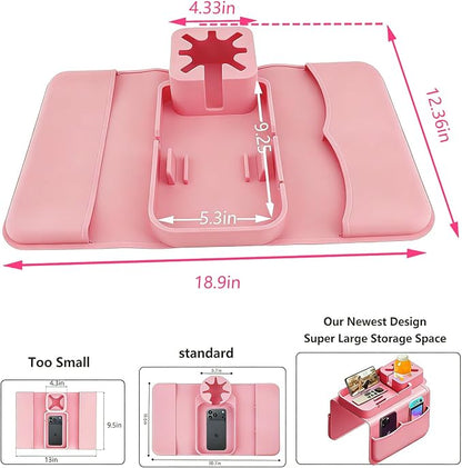 Silicone Couch Cup Holder for Tablet & Phone Stand, Sofa Arm Tray Organizer with Dual Side Pockets for Remotes Snacks Headphones & Glasses Drinks Anti-Slip & Heat Resistant Sofa Caddy (Pink)