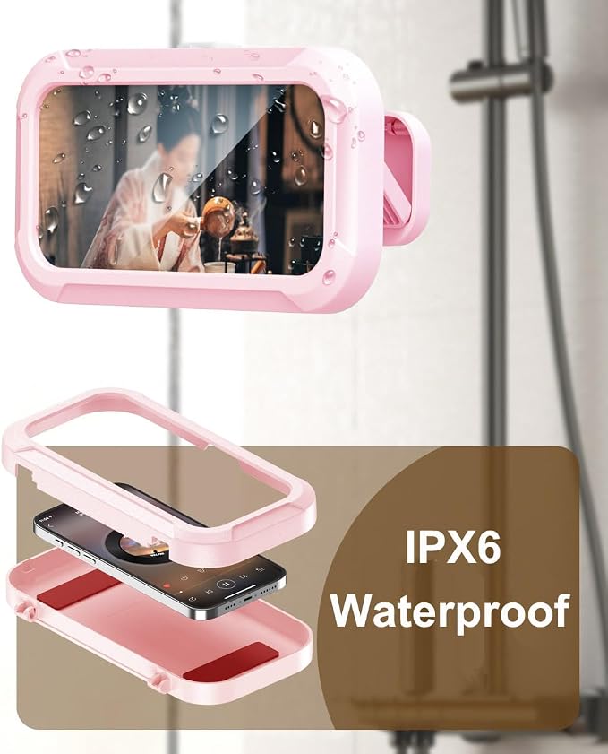 Shower Phone Holder Waterproof, 480°Rotation Wall Mount Shower Phone Case, HD Touch Screen Waterproof Phone Holder for Bathroom Bathtub Kitchen, Fit 4-7" Phone (Pink)
