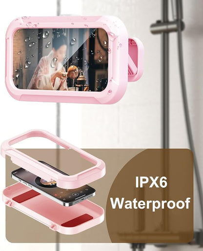 Shower Phone Holder Waterproof, 480°Rotation Wall Mount Shower Phone Case, HD Touch Screen Waterproof Phone Holder for Bathroom Bathtub Kitchen, Fit 4-7" Phone (Pink)