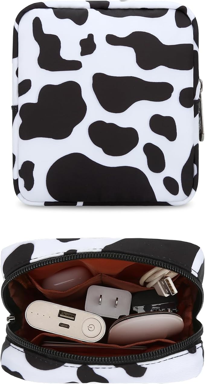Tech Organizer Pouch, Small Multi-Pocket Electronics Case (Cow) | Water-resistant nylon, foam padding, metal zipper, travel cable bag for charger, power bank, earbuds, SD cards and USB cables