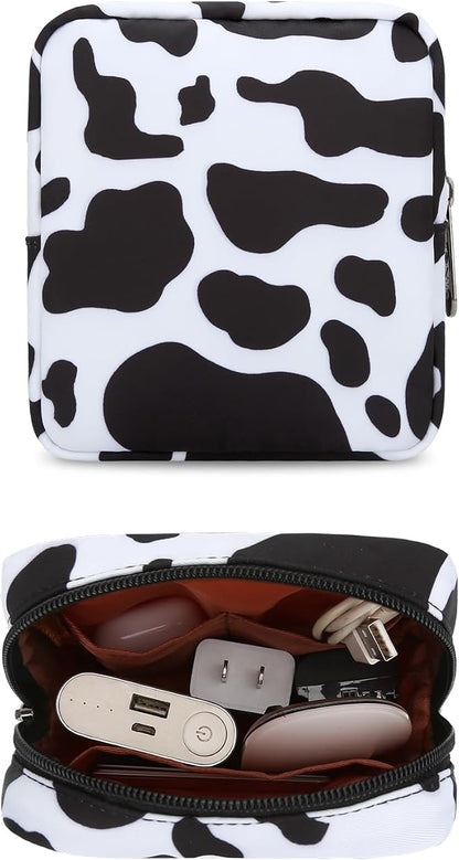 Tech Organizer Pouch, Small Multi-Pocket Electronics Case (Cow) | Water-resistant nylon, foam padding, metal zipper, travel cable bag for charger, power bank, earbuds, SD cards and USB cables