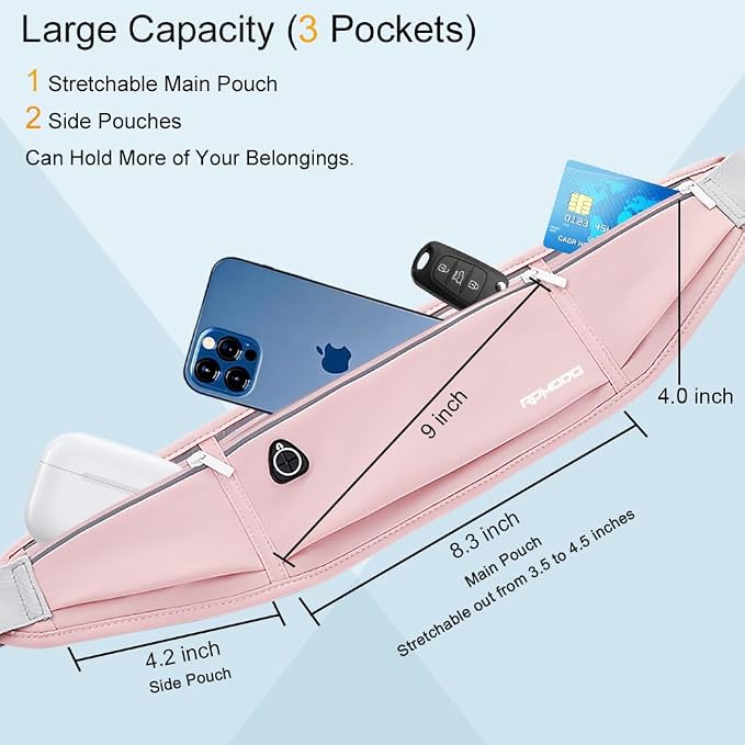 Running Belt Fanny Pack for Women，Water Resistant Large Capacity Waist Pack for iPhone 16 15 14 13 Samsung，Lightweight Running Phone Holder，Slim Money Belt Running Pouch for Hiking Outdoor Pink