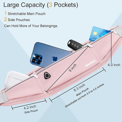 Running Belt Fanny Pack for Women，Water Resistant Large Capacity Waist Pack for iPhone 16 15 14 13 Samsung，Lightweight Running Phone Holder，Slim Money Belt Running Pouch for Hiking Outdoor Pink