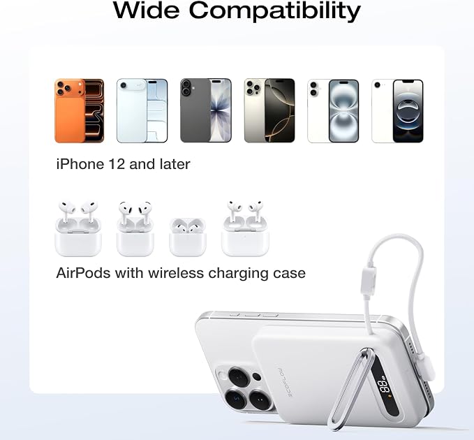 EF ECOFLOW Rapid Mag Power Bank, Qi2.2 25W MagSafe-Compatible Portable Charger, 10,000mAh Magnetic Power Charger with Built-in USB-C Cable and Foldable Stand, for iPhone 17/16/15