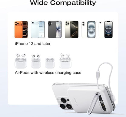 EF ECOFLOW Rapid Mag Power Bank, Qi2.2 25W MagSafe-Compatible Portable Charger, 10,000mAh Magnetic Power Charger with Built-in USB-C Cable and Foldable Stand, for iPhone 17/16/15