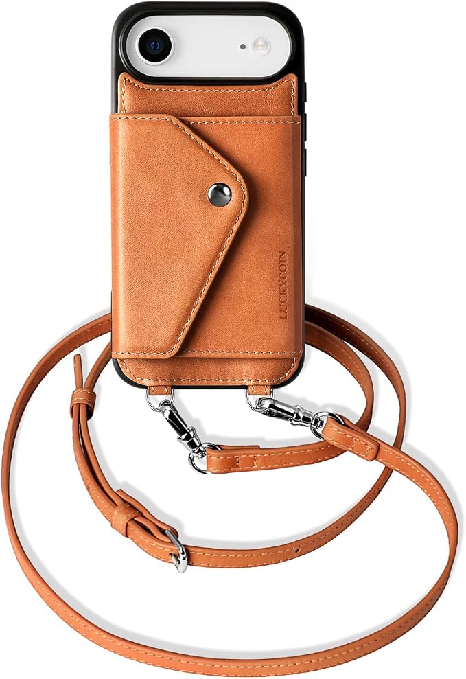 LUCKYCOIN for iPhone Air Crossbody Wallet Case – Genuine Leather Phone Purse with Adjustable Strap and Card Holder,Lanyard Phone Purse Case for Women,Vintage Brown