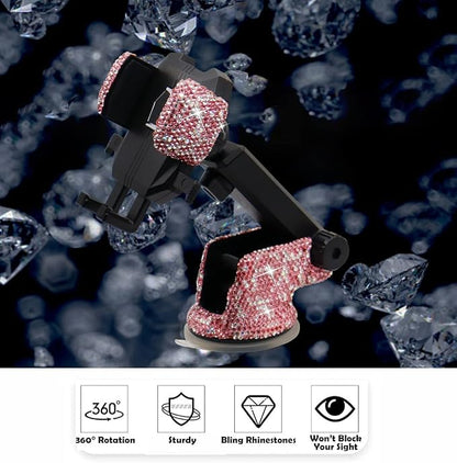 Bling Car Phone Mount Holder,Shiny Crystal Rhinestone Phone Stand for Women and Girls, Car Accessories for Windshield, Compatible with Most Cellphones (Pink)