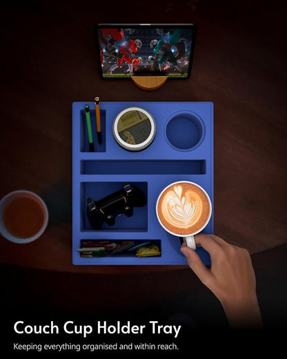 Couch Cup Holder Tray - Couch Organizer Caddy, Silicone Beach Caddy with Cup Holder, Sofa and Bed Drink Holder and Couch Tray Table for Snacks Beverage Remote (Blue)