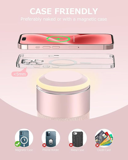COLSUR Bluetooth Speaker, Magnetic Wireless Charger, Bluetooth Speakers with Night Light, 2 in 1 Wireless Charging Station for iPhone 17/16/15/14/13/12 Series, AirPods Pro 2/4/3/2（Gift Ideal） (Pink)