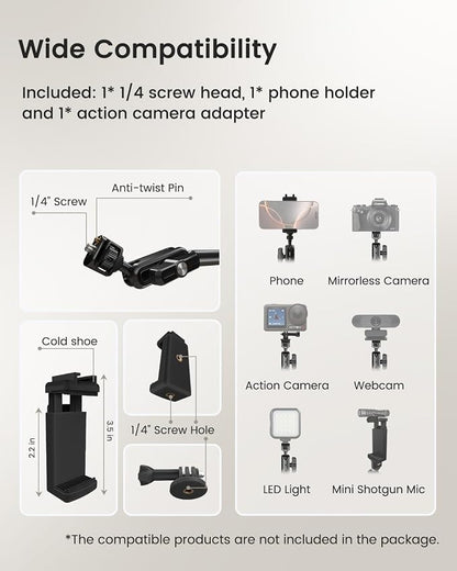 CAMBOFOTO 33" Magic Arm w Desk Clamp, Overhead Camera Mount, Desk Phone Mount, Articulating Extra-Long Friction Boom Arm w 1/4" Screw, for Phone, Mic, Light, Webcams, Action Camera (Light Black)