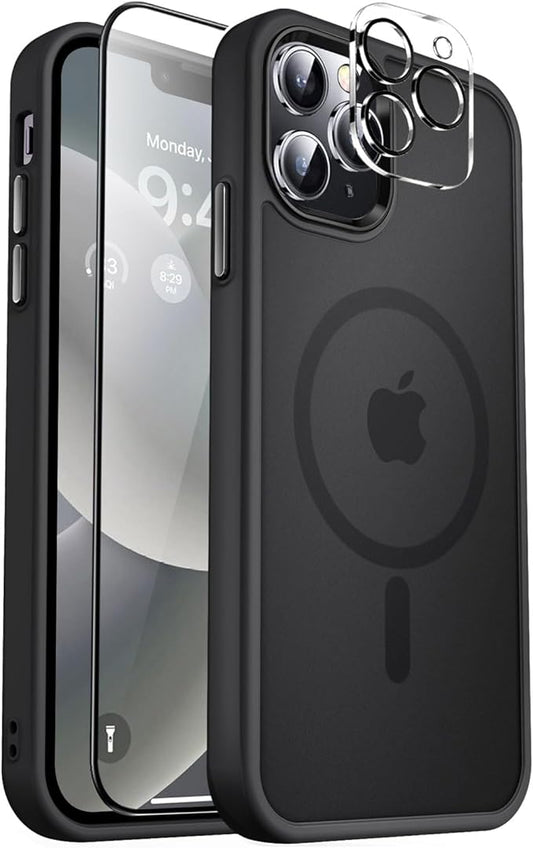 MOCCA Strong Magnetic for iPhone 12 Pro Max Case,[Compatible with Magsafe][Glass Screen Protector+Camera Lens Protector] Slim Thin Shockproof Cover Phone Case for iPhone 12 Pro Max 6.7", Black