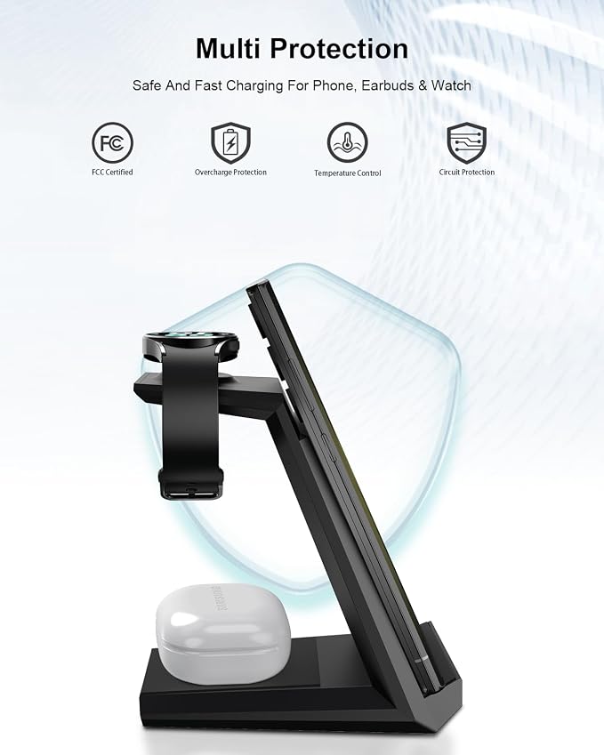 Wireless Charger for Samsung - Nanami 3 in 1 Charging Station for Multiple Devices, Fast Charger Stand for Galaxy S26 S25 S24 S23 Ultra S22 Z Flip Fold 7,Galaxy Watch 6/5/5 Pro/4/3, Galaxy Buds 2 Pro
