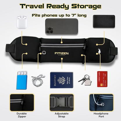 Fitizen Fanny Pack - 3 Pockets - Up To 36 in" Waist - Slim Walking Belt For Men & Women Hiking Cycling Workouts Walking & Travel - Reflective Pocket & Phone Holder for the Fit Citizen By Fitnation
